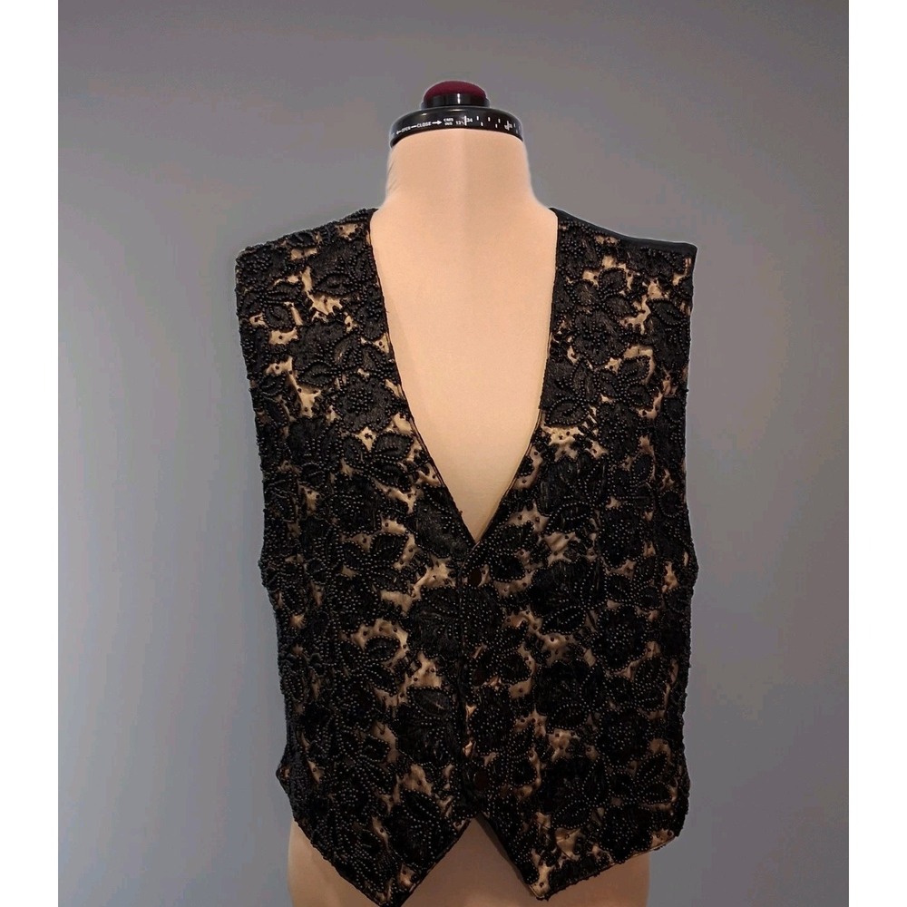 KENAR Womens Black Floral Beaded Gold Mesh‎ Snap Up Vest Sz M Satin  Whimsigoth